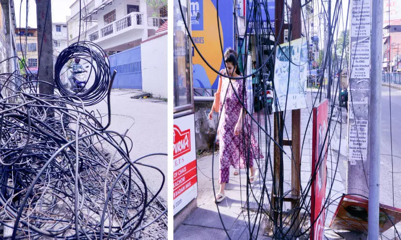 പോ​സ്റ്റു​ക​ളി​ൽ തി​ങ്ങി​നി​റ​ഞ്ഞും വ​ഴി​യി​ലേ​ക്ക് പൊ​ട്ടി​വീ​ണും ജ​ന​ത്തി​ന് ഭീ​ഷ​ണി ഉ​യ​ർ​ത്തി ​കേ​ബി​ളു​ക​ൾ