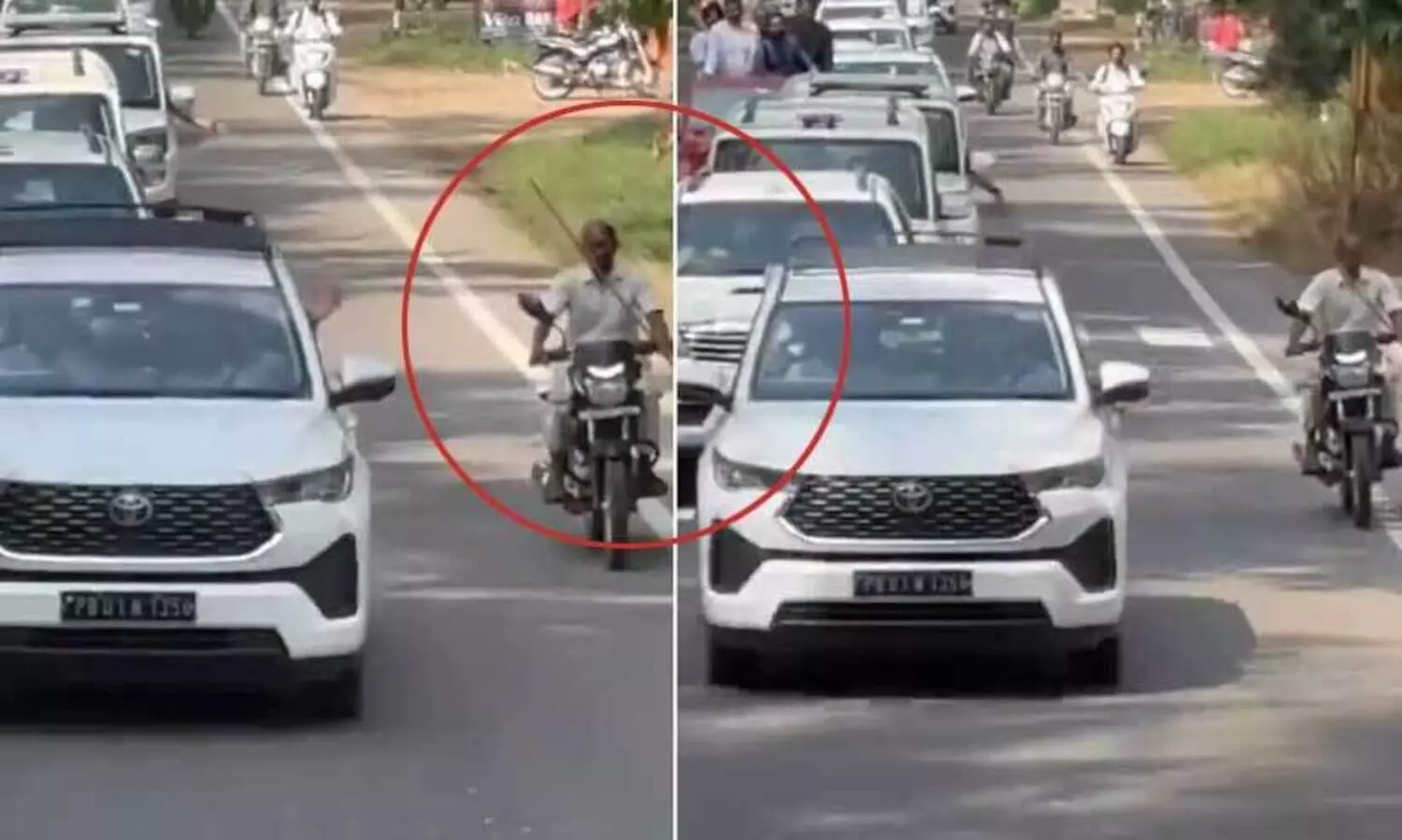 രാഹുൽ ഗാന്ധിയുടെ കാറിനരികിൽ കുറുവടിയുമായി ബൈക്ക് യാത്രികൻ; സുരക്ഷാ വീഴ്ച