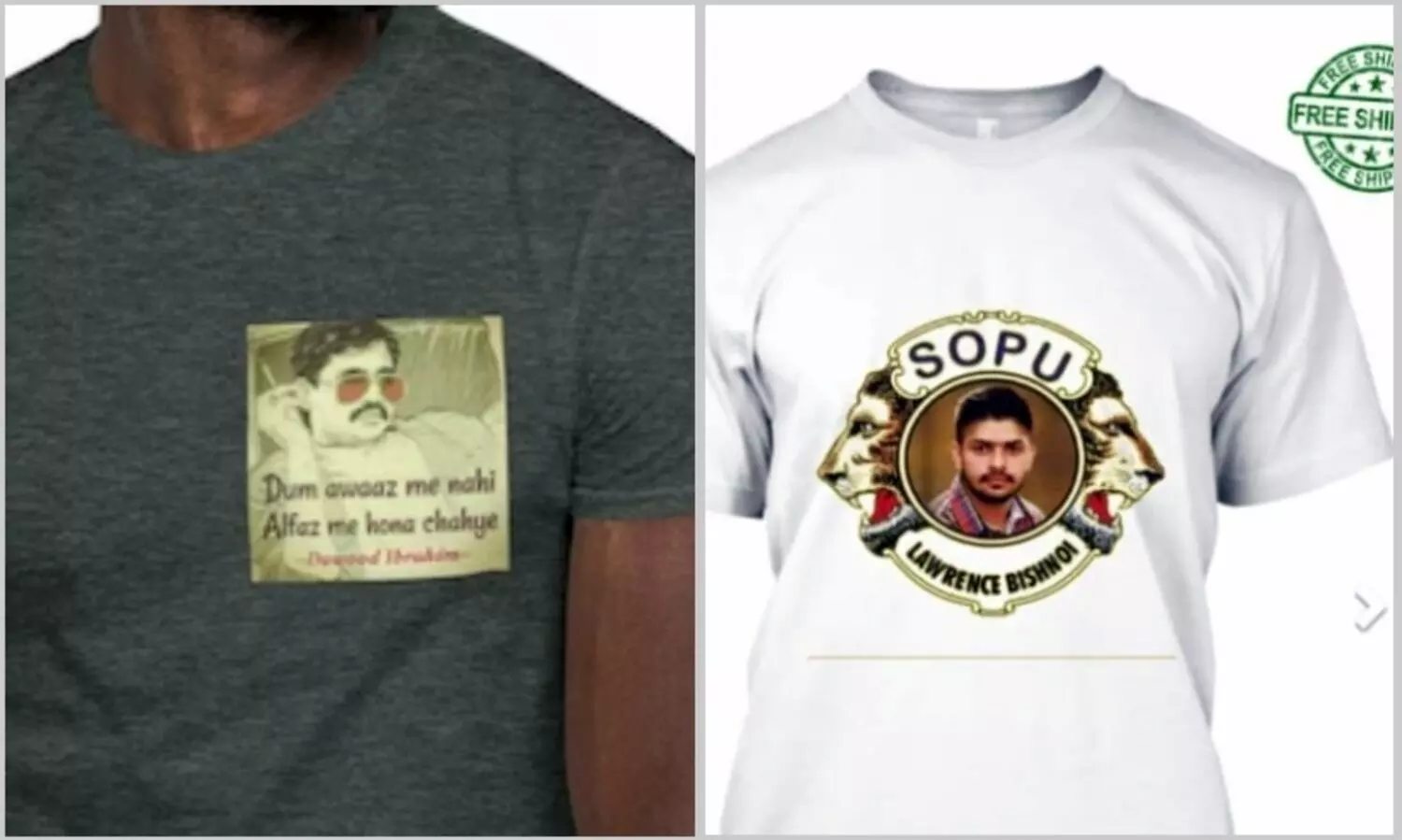 ദാവൂദ് ഇബ്രാഹിമിന്റെയും ബിഷ്ണോയിയുടെയും ഫോട്ടോ പതിച്ച ടി-ഷർട്ട് വിറ്റു; ഇ-കൊമേഴ്സ് സൈറ്റുകൾക്കെതിരെ കേസ്