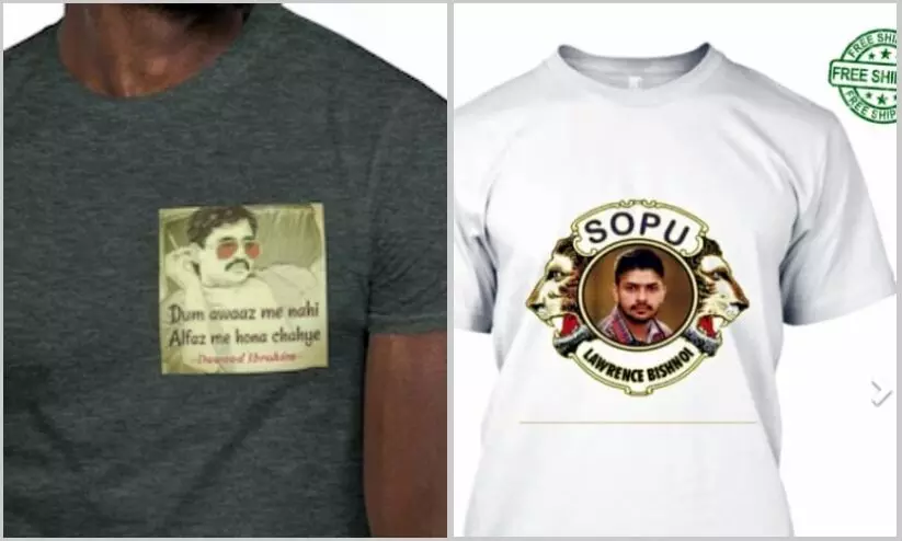 ദാവൂദ് ഇബ്രാഹിമിന്റെയും ബിഷ്ണോയിയുടെയും ഫോട്ടോ പതിച്ച ടി-ഷർട്ട് വിറ്റു; ഇ-കൊമേഴ്സ് സൈറ്റുകൾക്കെതിരെ കേസ്