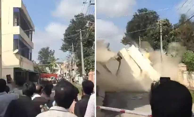 കർണാടകയിൽ നവീകരണ പ്രവൃത്തിക്കിടെ  മൂന്നുനില കെട്ടിടം തകർന്നുവീണു; വിഡിയോ