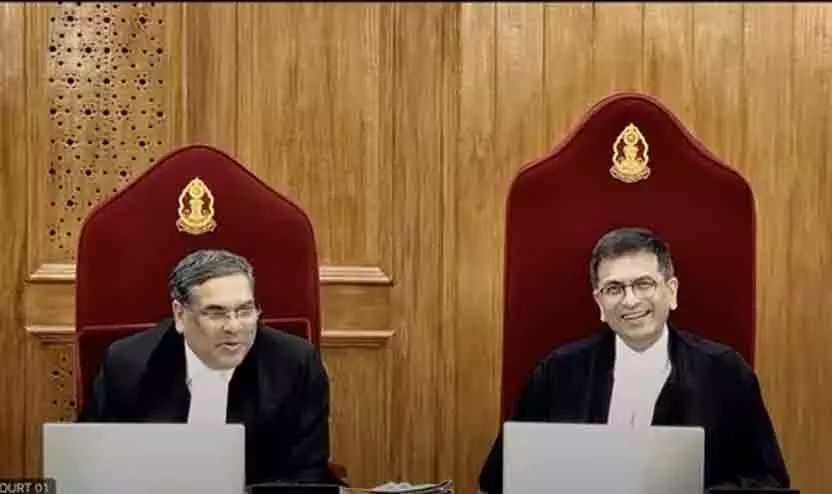 Outgoing CJI DY Chandrachud (right) and CJI-designate Sanjiv Khanna on Friday