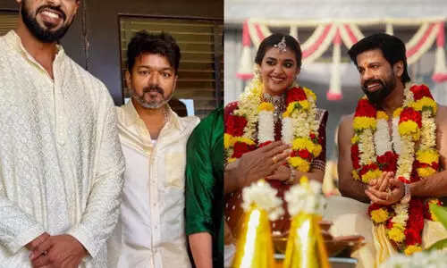 തിരക്കുകളെല്ലാം മാറ്റി വെച്ച് അദ്ദേഹം എത്തി; കീർത്തി സുരേഷിന്‍റെ കല്യാണത്തിന് വമ്പൻ ലുക്കിലെത്തി ദളപതി വിജയ്