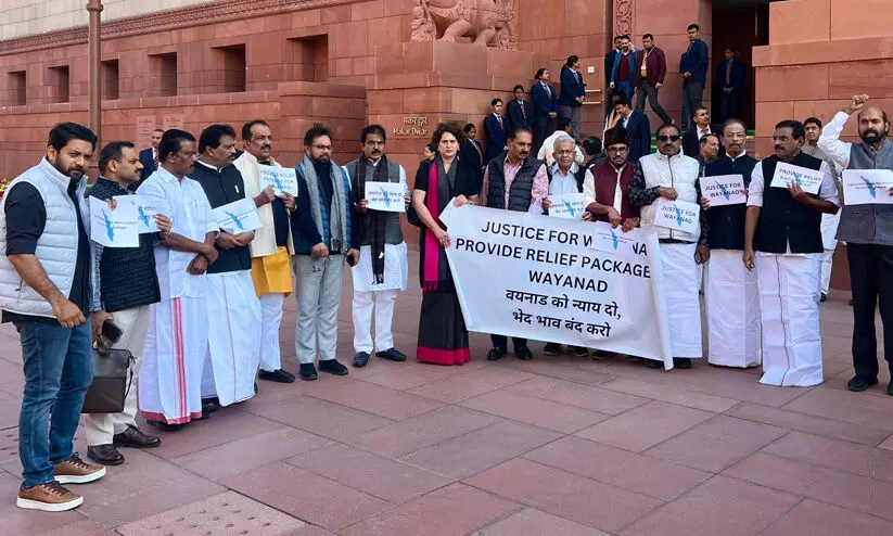വയനാടിന് സഹായം നൽകാത്തതിന് പാർലമെന്റിന് മുന്നിൽ പ്രതിഷേധിച്ച് യു.ഡി.എഫ്-എൽ.ഡി.എഫ് എം.പിമാർ