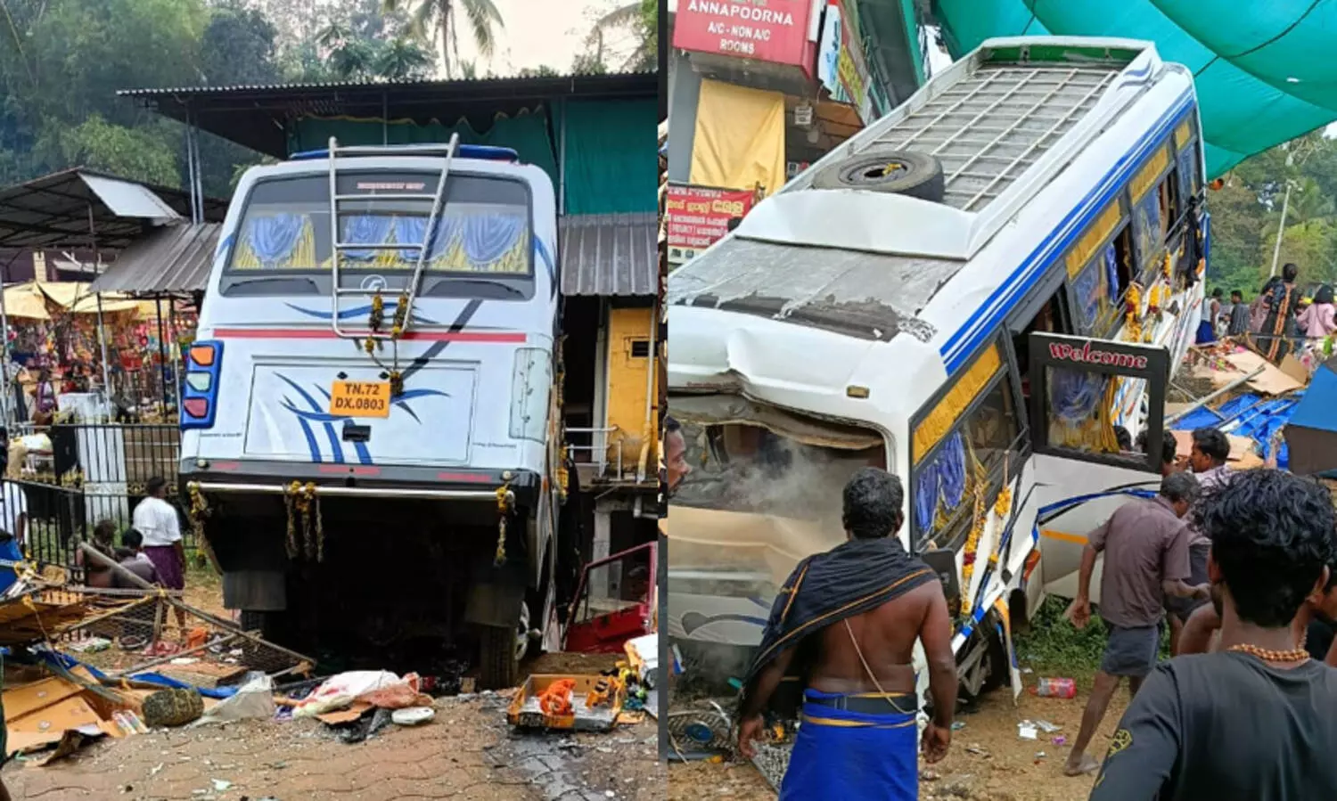 ശബരിമല തീർഥാടകരുടെ ബസ് വാഹനങ്ങളിലിടിച്ച് മറിഞ്ഞ് ഒരാൾ മരിച്ചു