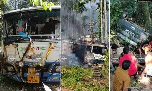 ബസ് തിട്ടയിലിടിച്ചു, ഓടുന്ന ലോറിക്ക്‌ തീപിടിച്ചു, കാർ കുഴിയിൽ മറിഞ്ഞു​; ശബരിമല റോഡിൽ മൂന്ന് അപകടങ്ങളിൽ 13 തീർഥാടകർക്ക് പരിക്ക്
