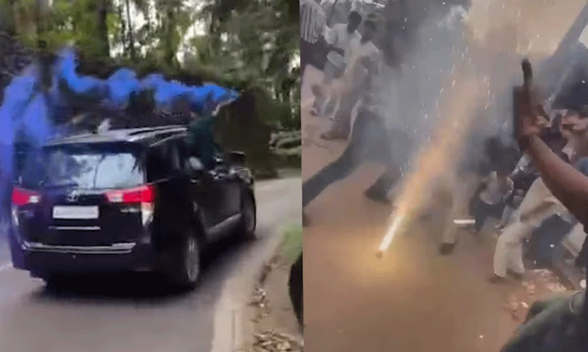 വിവാഹാഘോഷത്തിനിടെ യാത്ര കാറിൻ്റെ ഡോറിലിരുന്ന്; ഗതാഗതം തടസപ്പെടുത്തി റീൽസ് ചിത്രീകരണം