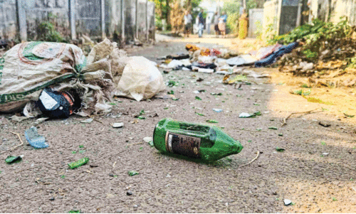 റോഡിൽ കുപ്പിച്ചില്ലുകളും മാലിന്യവും വിതറി സാമൂഹികവിരുദ്ധർ