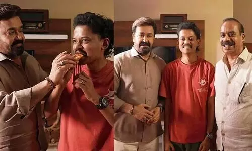 Actor Sangeeth prathap Birthday Celebration   With Mohanlal And Sathyan Anthikad At hridayapurvam Movie Set