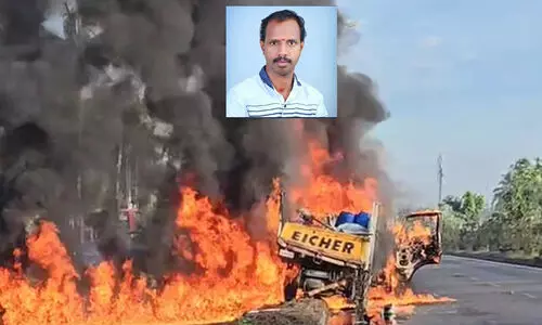 സ്കൂട്ടറും മിനിലോറിയും കൂട്ടിയിടിച്ച് യുവാവ് മരിച്ചു; ലോറി തീപിടിച്ച് കത്തി നശിച്ചു