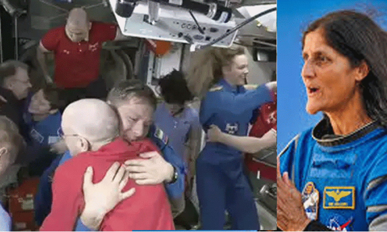 പരസ്പരം ഹസ്തദാനം നടത്തി, ആലിംഗനം ചെയ്ത്  അവർ ആഹ്ലാദം പങ്കിട്ടു; സുഹൃത്തുക്കളെ കണ്ട് സന്തോഷമടക്കാനാവാതെ സുനിത വില്യംസ്