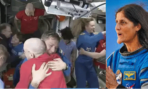 പരസ്പരം ഹസ്തദാനം നടത്തി, ആലിംഗനം ചെയ്ത്  അവർ ആഹ്ലാദം പങ്കിട്ടു; സുഹൃത്തുക്കളെ കണ്ട് സന്തോഷമടക്കാനാവാതെ സുനിത വില്യംസ്