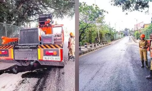 ക്രെയിനില്‍ ബസിടിച്ച്​ എണ്ണ ചോര്‍ന്നു; ബൈക്ക് യാത്രികര്‍ തെന്നിവീണു; ക്രെയിൻ എത്തിച്ചത്​ മരംമുറിക്കാൻ
