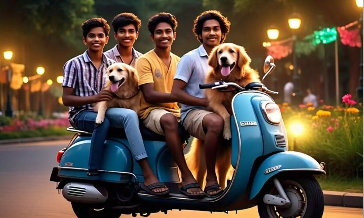 ഒരു സ്കൂട്ടറിൽ നാല് യാത്രക്കാരും രണ്ട് നായകളും; കവര് കാണാൻ പോയ സംഘം ക്യാമറയിൽ ‘കുടുങ്ങി’