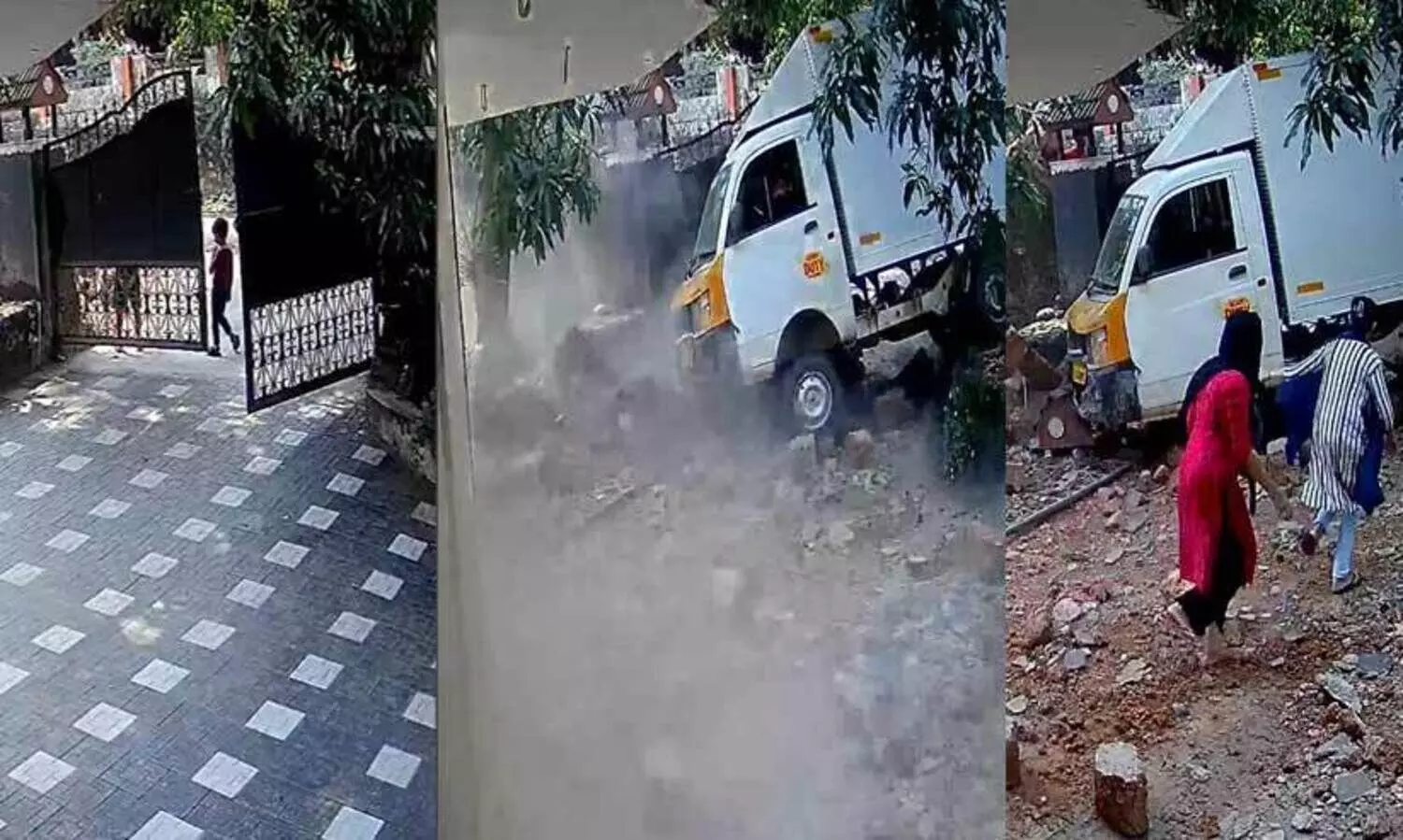 ഗേറ്റിന് സമീപം കളിക്കുന്ന കുഞ്ഞുമക്കൾ, ഗേറ്റും മതിലും തകർത്ത് വീട്ടിലേക്ക് ഇടിച്ച് കയറുന്ന പിക്കപ്പ് വാൻ; വാണിയമ്പലത്തെ അത്ഭുതകരമായ രക്ഷപ്പെടലിന്റെ ദൃശ്യങ്ങൾ പുറത്ത്