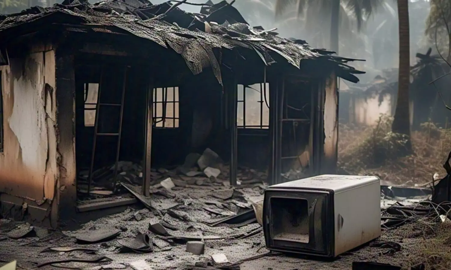 House destroyed by fire from fridge in kerala image