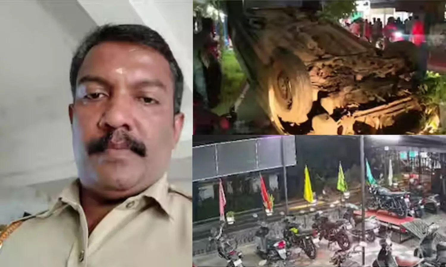 മദ്യലഹരിയിൽ പോലീസുകാരൻ:സ്കൂട്ടറിലും കാറിലും ഇടിച്ച് കാർ പോസ്റ്റിലിടിച്ച് തലകീഴായി മറിഞ്ഞു