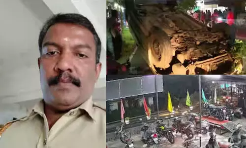 മദ്യലഹരിയിൽ പോലീസുകാരൻ:സ്കൂട്ടറിലും കാറിലും ഇടിച്ച് കാർ പോസ്റ്റിലിടിച്ച് തലകീഴായി മറിഞ്ഞു