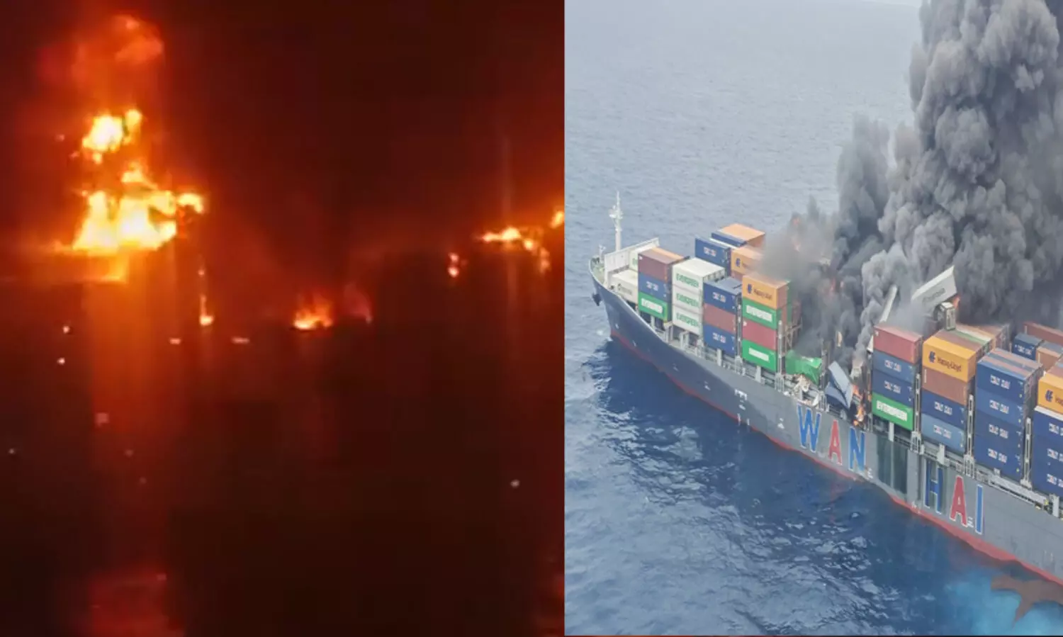 കപ്പൽ കത്തിയമരുന്നു, അടുക്കാനാകാതെ കോസ്റ്റ് ഗാര്‍ഡ് കപ്പലുകൾ, വൻ പൊട്ടിത്തെറിക്ക് സാധ്യത; രക്ഷപ്പെടുത്തിയവരെ ഐ.എൻ.എസ് സൂറത്തിലേക്ക് മാറ്റി, നാല് പേർക്കായി തിരച്ചിൽ