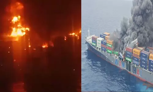 കപ്പൽ കത്തിയമരുന്നു, അടുക്കാനാകാതെ കോസ്റ്റ് ഗാര്‍ഡ് കപ്പലുകൾ, വൻ പൊട്ടിത്തെറിക്ക് സാധ്യത; രക്ഷപ്പെടുത്തിയവരെ ഐ.എൻ.എസ് സൂറത്തിലേക്ക് മാറ്റി, നാല് പേർക്കായി തിരച്ചിൽ