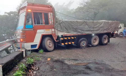 ചുരത്തിൽ നിയന്ത്രണംവിട്ട ലോറി ബാരിക്കേഡിൽ തട്ടി നിന്നു; ഒഴിവായത് വൻ ദുരന്തം ചുരത്തിൽ നിയന്ത്രണംവിട്ട ലോറി ബാരിക്കേഡിൽ തട്ടി നിന്നു; ഒഴിവായത് വൻ ദുരന്തം