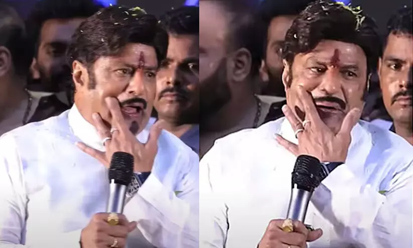 പ്രസംഗത്തിനിടെ വെപ്പുമീശ ഇളകി, വേദിയിൽവെച്ച് തന്നെ ഒട്ടിച്ച് ബാലയ്യ; ട്രോളോട് ട്രോൾ