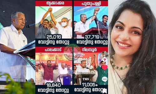 ‘പ്രത്യേക ഏക്ഷൻകാരനുള്ള പ്രത്യേക നന്ദിയും ഈ അവസരത്തിൽ അറിയിക്കുന്നു...’ -നാല് ഉപതെരഞ്ഞെടുപ്പുകളിലെ പിണറായിയുടെ ഫോട്ടോ പങ്കുവെച്ച് താര ‘പ്രത്യേക ഏക്ഷൻകാരനുള്ള പ്രത്യേക നന്ദിയും ഈ അവസരത്തിൽ അറിയിക്കുന്നു...’ -നാല് ഉപതെരഞ്ഞെടുപ്പുകളിലെ പിണറായിയുടെ ഫോട്ടോ പങ്കുവെച്ച് താര