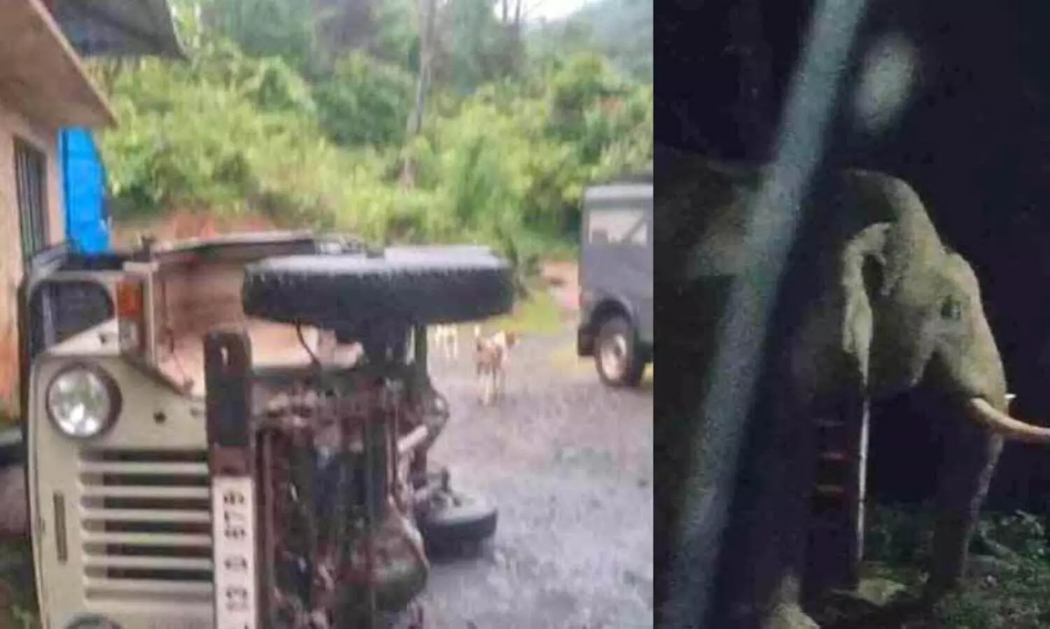 വീ​ട്ടു​മു​റ്റ​ത്ത് നി​ർ​ത്തി​യി​ട്ട ജീ​പ്പ് കാ​ട്ടാ​ന മ​റി​ച്ചി​ട്ടു