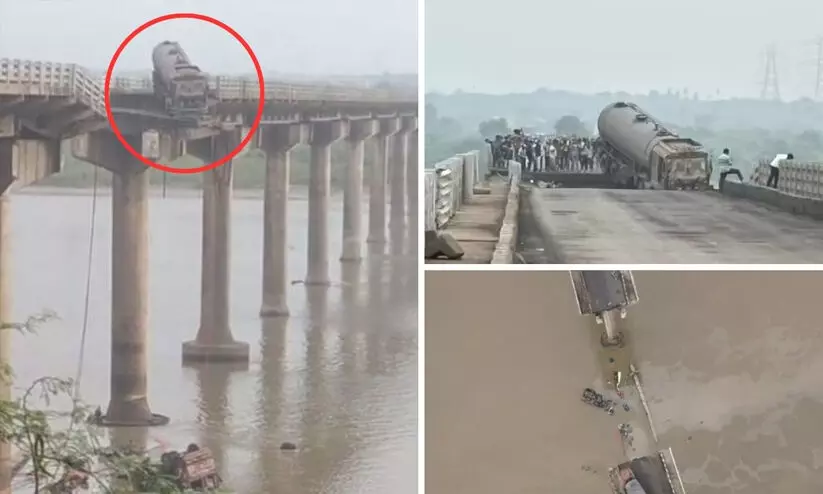ഗുജറാത്തിൽ പാലം തകർന്ന് രണ്ട് പേർ മരിച്ചു; അഞ്ച് വാഹനങ്ങൾ നദിയിൽ വീണു ഗുജറാത്തിൽ പാലം തകർന്ന് രണ്ട് പേർ മരിച്ചു; അഞ്ച് വാഹനങ്ങൾ നദിയിൽ വീണു