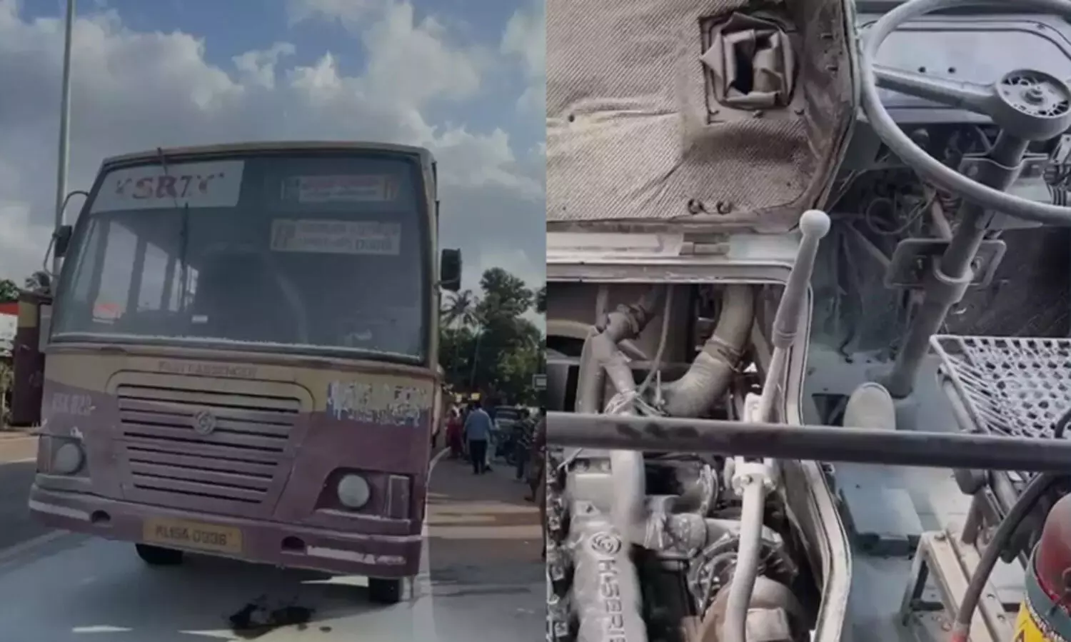 കൊല്ലത്ത് ഓടിക്കൊണ്ടിരിക്കെ കെ.എസ്.ആർ.ടി.സി ബസിന് തീപിടിച്ചു; ദുരന്തം ഒഴിവാക്കിയത് ബൈക്ക് യാത്രികൻ