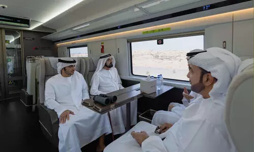 Sheikh Mohammed bin Rashid Al Maktoum travels on the Etihad Passenger Train, which is undergoing a test run