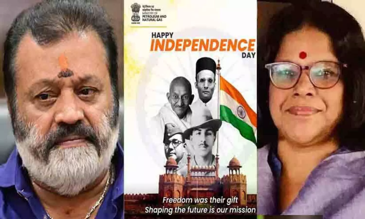 സുരേഷ് ഗോപി, നാണമുണ്ടോ എന്ന് ചോദിക്കുന്നില്ല..., സ്കൂളിൽ പോലും താങ്കൾ ചരിത്രം പഠിച്ചിട്ടില്ലേ?, പെട്രോളിയം മന്ത്രാലയത്തിന്റെ പോസ്റ്ററാണിത്, ബാപ്പുവിന് മുകളിൽ സവർക്കർ; സുധ മേനോൻ