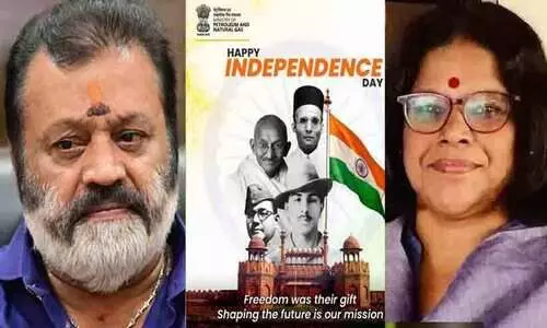 സുരേഷ് ഗോപി, നാണമുണ്ടോ എന്ന് ചോദിക്കുന്നില്ല..., സ്കൂളിൽ പോലും താങ്കൾ ചരിത്രം പഠിച്ചിട്ടില്ലേ?, പെട്രോളിയം മന്ത്രാലയത്തിന്റെ പോസ്റ്ററാണിത്, ബാപ്പുവിന് മുകളിൽ സവർക്കർ; സുധ മേനോൻ