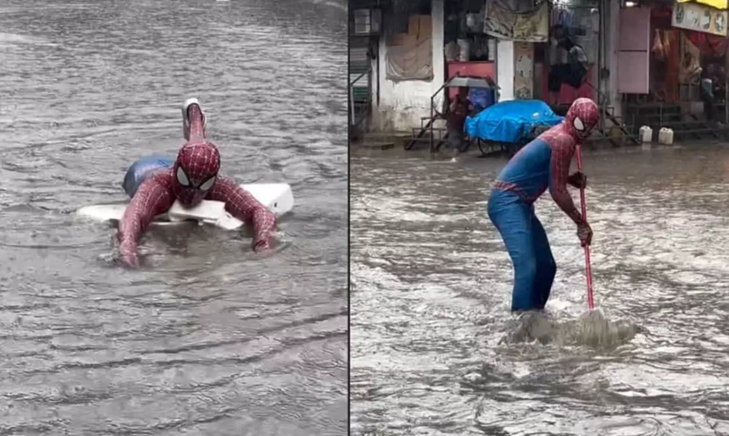 വെള്ളക്കെട്ടിലായ മുംബൈ നഗരത്തെ രക്ഷിക്കാൻ സ്പൈഡർമാൻ; വൈറലായി വിഡിയോ