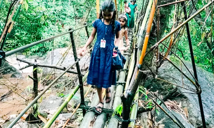 Due to lack of transportation facilities, students heading south are crossing the temporary footbridge. Due to lack of transportation facilities, students heading south are crossing the temporary footbridge.