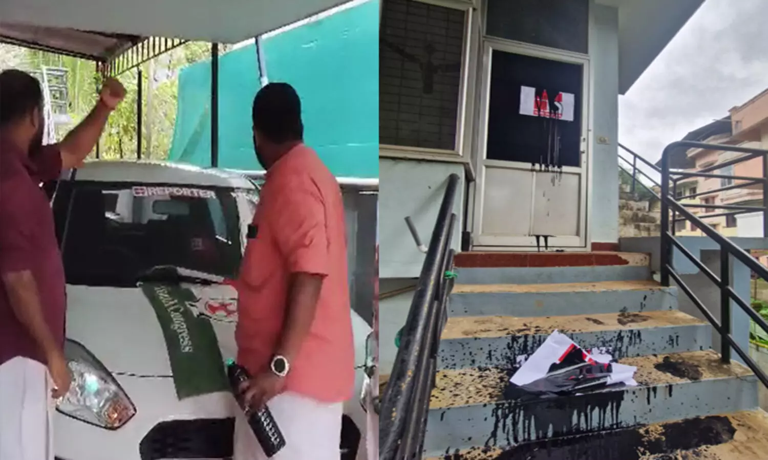 റിപ്പോർട്ടർ ടിവിയുടെ തൃശൂർ ബ്യൂറോക്ക് നേരെ യൂത്ത് കോൺഗ്രസ് ആക്രമണം; വാതിലിൽ കരിഓയിൽ ഒഴിച്ചു, പോസ്റ്റർ പതിച്ചു