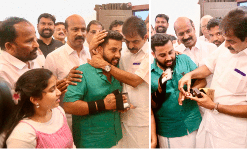 സുജിത്തിനെ ചേർത്തുപിടിച്ച് കെ.സി; ഒരു പവൻ മോതിരം സമ്മാനിച്ചു, ബാധ്യതകൾ തീർക്കാൻ എ.ഐ.സി.സി ഒപ്പമുണ്ടാകുമെന്ന് ഉറപ്പ്