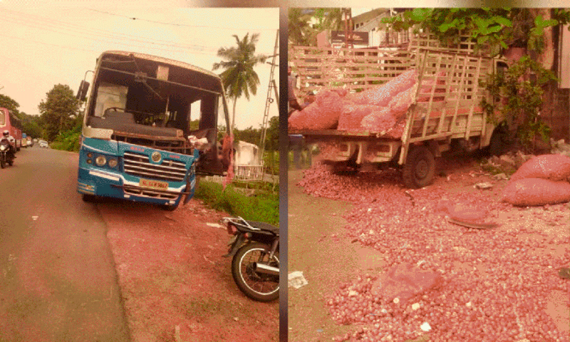 ഉള്ളിക്കച്ചവടം നടത്തിക്കൊണ്ടിരുന്ന പിക്കപ്പ് വാനിലേക്ക് ബസ് ഇടിച്ച് കയറി വാഹനങ്ങൾ തകർന്നു; വൻ ദുരന്തം ഒഴിവായി