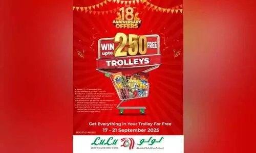 ലു​ലു ഹൈ​പ്പ​ർ മാ​ർ​ക്ക​റ്റ് 18ാം വാ​ർ​ഷി​കം; 250 ട്രോ​ളി സാ​ധ​ന​ങ്ങ​ൾ സൗ​ജ​ന്യ​മാ​യി ല​ഭി​ക്കാ​നു​ള്ള അ​വ​സ​രം