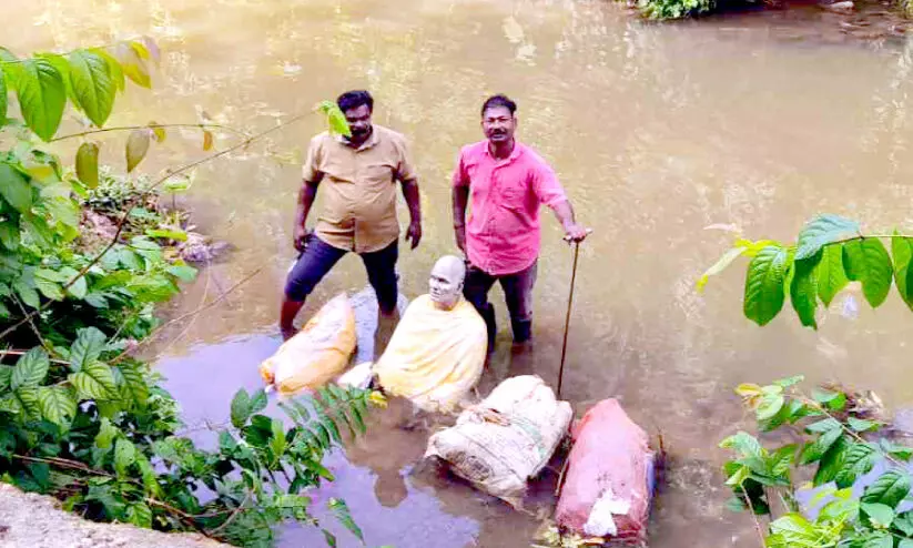 ഗുരു പ്രതിമ തോട്ടിൽ; പൊലീസിൽ പരാതി ഗുരു പ്രതിമ തോട്ടിൽ; പൊലീസിൽ പരാതി