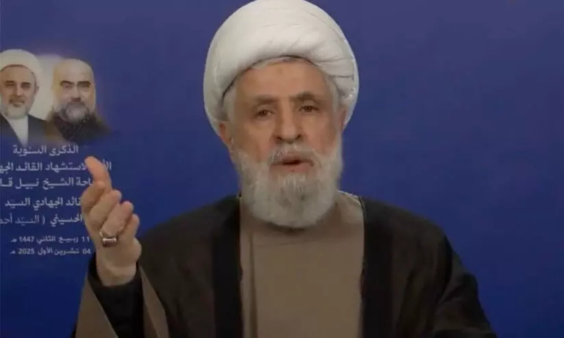 യുദ്ധത്തിലൂടെ നേടാൻ സാധിക്കാത്ത ലക്ഷ്യങ്ങൾ സമാധാനകരാറിലൂടെ ഇസ്രായേൽ നേടാൻ നോക്കുന്നു; ട്രംപിന്റെ പദ്ധതി അപകടകരമെന്ന് ഹിസ്ബുല്ല മേധാവി യുദ്ധത്തിലൂടെ നേടാൻ സാധിക്കാത്ത ലക്ഷ്യങ്ങൾ സമാധാനകരാറിലൂടെ ഇസ്രായേൽ നേടാൻ നോക്കുന്നു; ട്രംപിന്റെ പദ്ധതി അപകടകരമെന്ന് ഹിസ്ബുല്ല മേധാവി