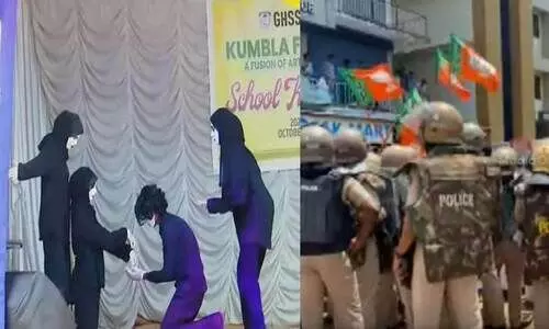 ഫലസ്തീൻ ഐക്യദാർഢ്യ മൈം വീണ്ടും അവതരിപ്പിച്ച് വിദ്യാർഥികൾ; കുമ്പള സ്കൂളിലേക്ക് ബി.ജെ.പി മാർച്ച്