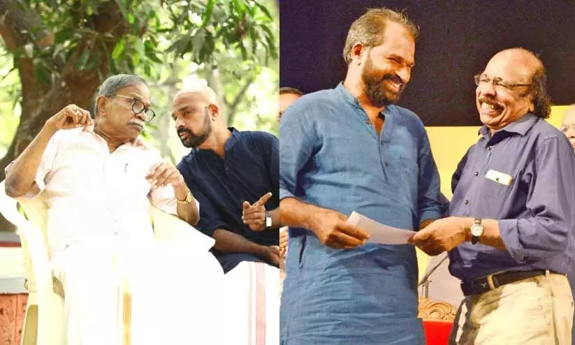 എം.ടി. വാസുദേവൻ നായർക്കൊപ്പം പി.കെ. രാജശേഖരൻ, സച്ചിദാനന്ദനൊപ്പം ഒരു പൊതുവേദിയിൽ