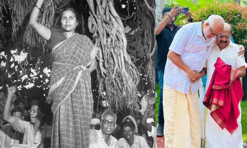 ഗോദാവരി പരുലേക്കർ ഒരു സമരമുഖത്ത്,സി.പി.എം ജന. സെക്രട്ടറി എം.എ. ബേബിയോടൊപ്പം ജി. സുധാകരൻ