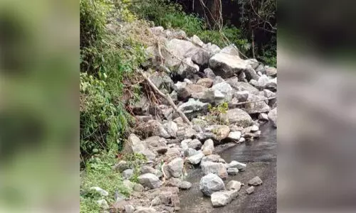 അ​പ​ക​ട ഭീ​ഷ​ണി​യാ​യി റോ​ഡി​ലേ​ക്ക്   ഇ​ടി​ഞ്ഞു വീ​ണ പാ​റ​ക്ക​ല്ലു​ക​ൾ