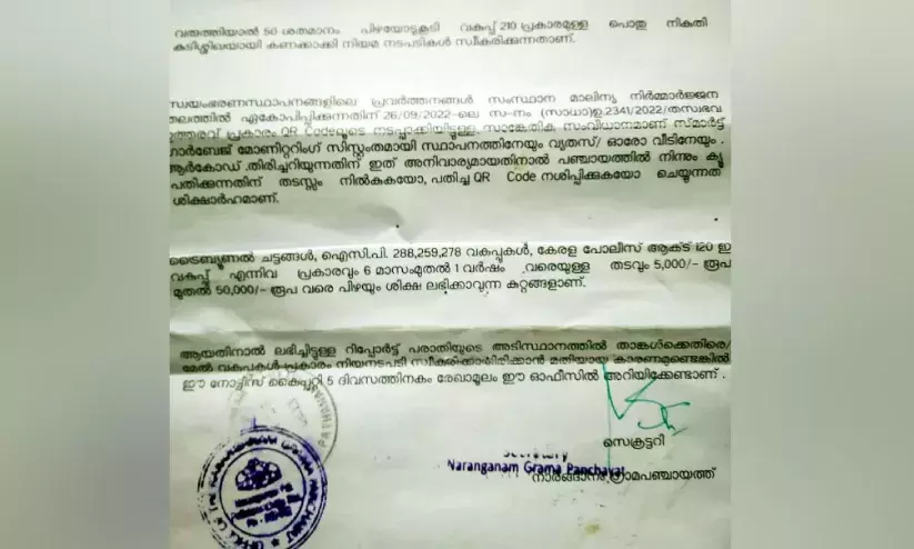 വിചിത്ര നടപടിയുമായി നാരങ്ങാനം പഞ്ചായത്ത്; അടച്ചിട്ടിരിക്കുന്ന വീടുകൾക്കും പിഴ നോട്ടീസ്