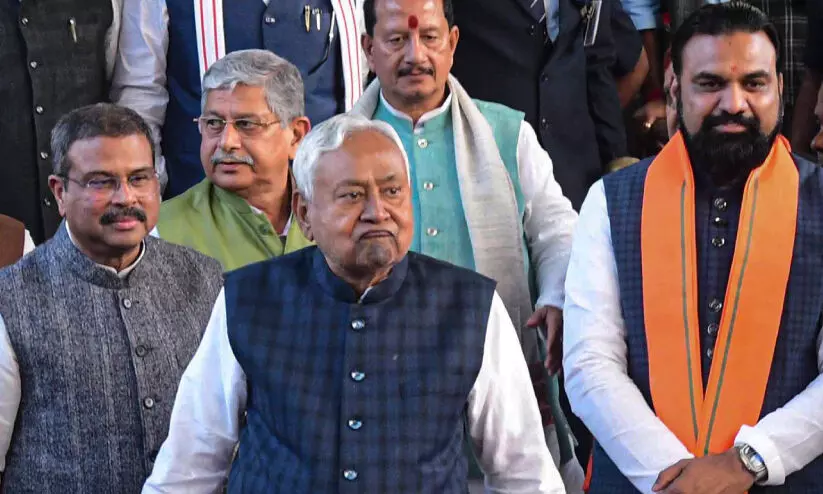 Nitish Kumar with alliance leaders after NDA MLAs meeting in Patna Nitish Kumar with alliance leaders after NDA MLAs meeting in Patna