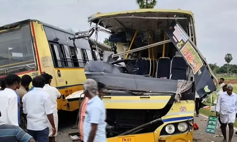 തമിഴ്നാട്ടിൽ ബസുകൾ നേർക്കുനേർ കൂട്ടിയിടിച്ച് 12 പേർക്ക് ദാരുണാന്ത്യം; 40ലധികം പേർക്ക് പരിക്ക്