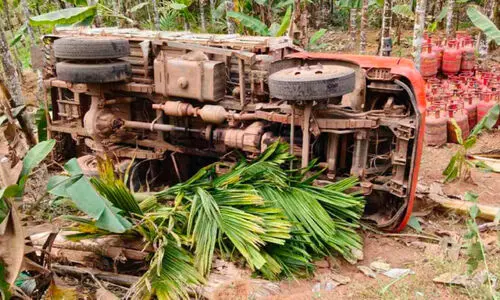 പാ​ച​ക​വാ​ത​ക സി​ലി​ണ്ട​ർ ക​യ​റ്റി വ​ന്ന മി​നി ലോ​റി പാ​ട​ത്തേ​ക്ക് മ​റി​ഞ്ഞു; വൻ അപകടം ഒഴിവായി