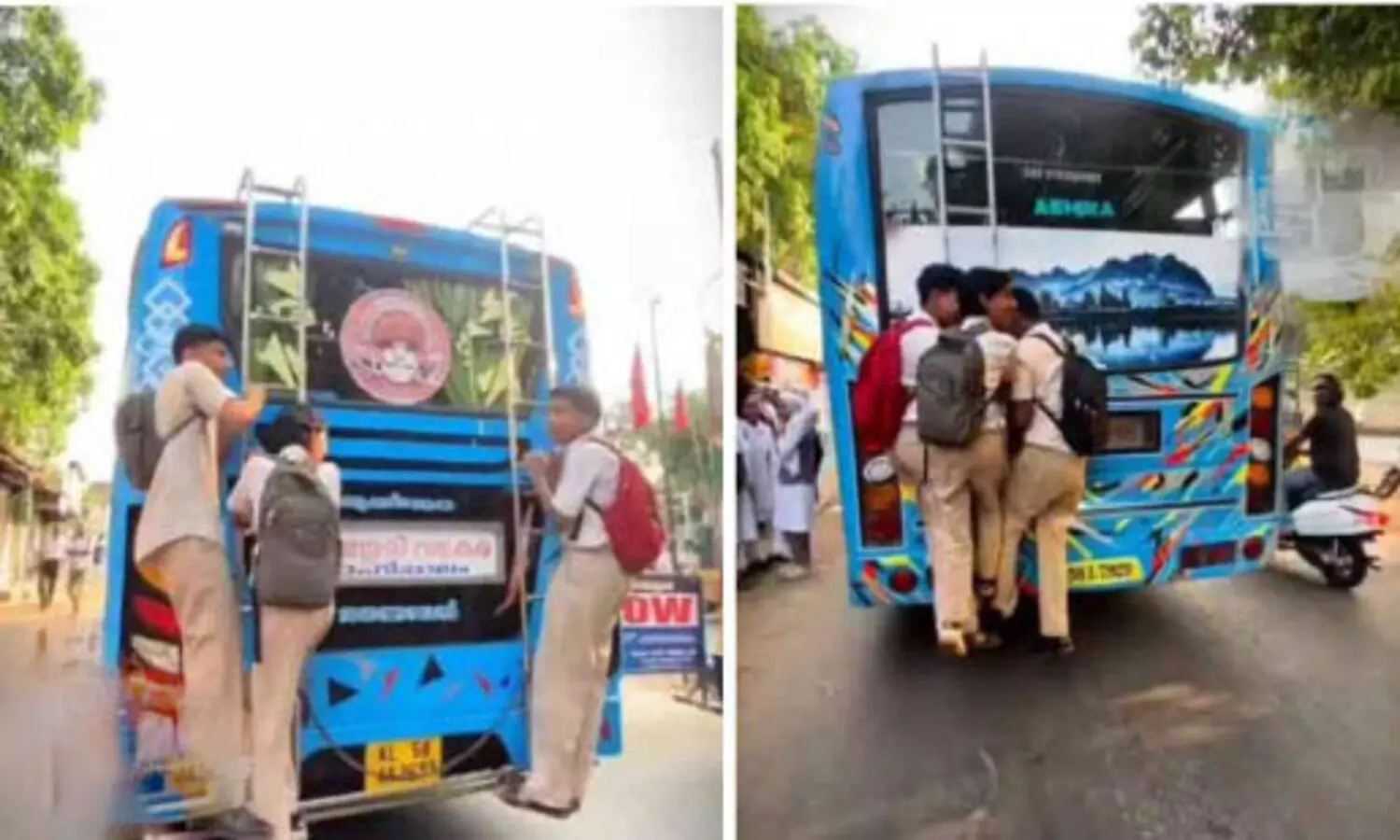 ഓ​ടു​ന്ന ബസിന്റെ പിന്നിലെ കമ്പിയിൽ തൂങ്ങി വിദ്യാർഥികളുടെ റീൽസ് ചിത്രീകരണം
